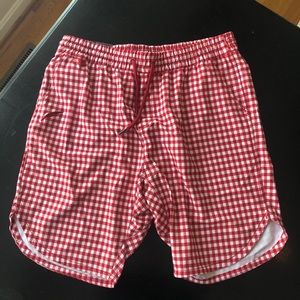 Red gingham swim trunks